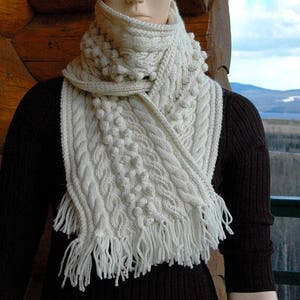 Knit womens'/ladies' scarf in aran pattern with cables and bobbles, hand knit in pure fine Merino "Gambier Island" MADE TO ORDER