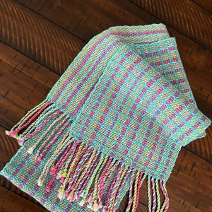 Hand Woven Scarf turquoise with pink & yellow stripes cotton / Hemp 64” x 7 1/2”