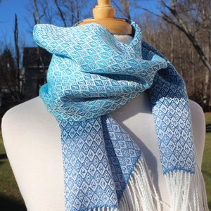 Handwoven Scarf, Scarf, Wide, Tencel, Hand Woven, White, Blue, Short
