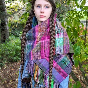 Handwoven Shawl Blanket Wrap Scarf Hand Dyed Handspun Art Yarn Wool Silk Weaving Pink Green Purple Blue Fiber Art Loom Hand Spun