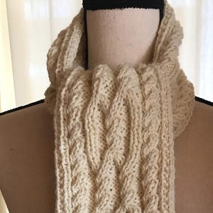 Handknit Irish Aran Cable Scarf - 100% Wool - Artisan Hand Knit - Natural Off-White Color - Traditional Irish Aran Design - Unisex - Warm