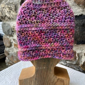 Hand Crocheted Alpaca Hat in Betony, 100% Alpaca Yarn, Paca Paints - Orange, Pink, Purple Beanie, Soft, Lightweight, Hypoallergenic